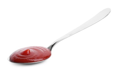Photo of Spoon with tasty ketchup isolated on white. Tomato sauce