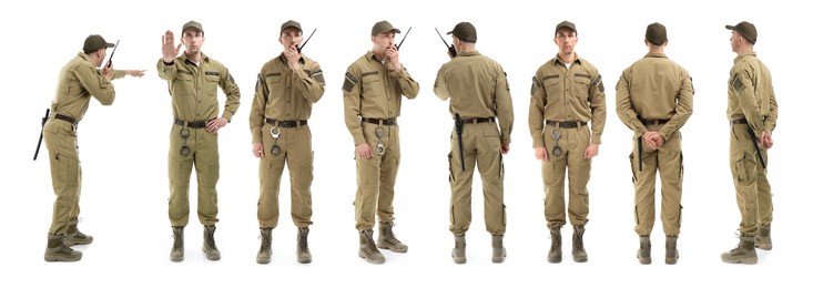 Image of Collage of professional security guard on white background. Banner design