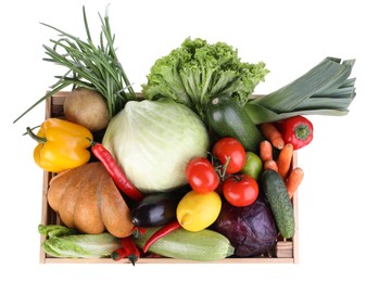 Photo of Fresh ripe vegetables and fruit in wooden crate on white background, top view
