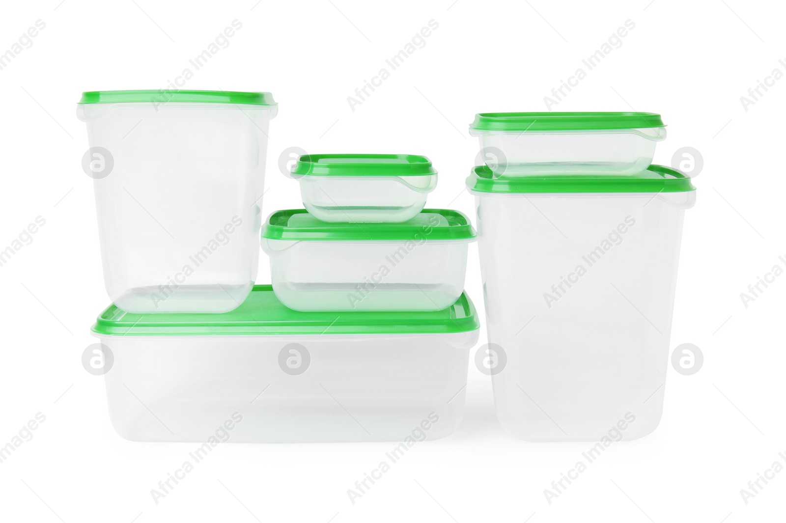 Photo of Empty plastic containers on white background. Food storage