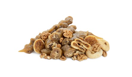 Photo of Delicious sweet churchkhelas with walnuts and dried figs isolated on white