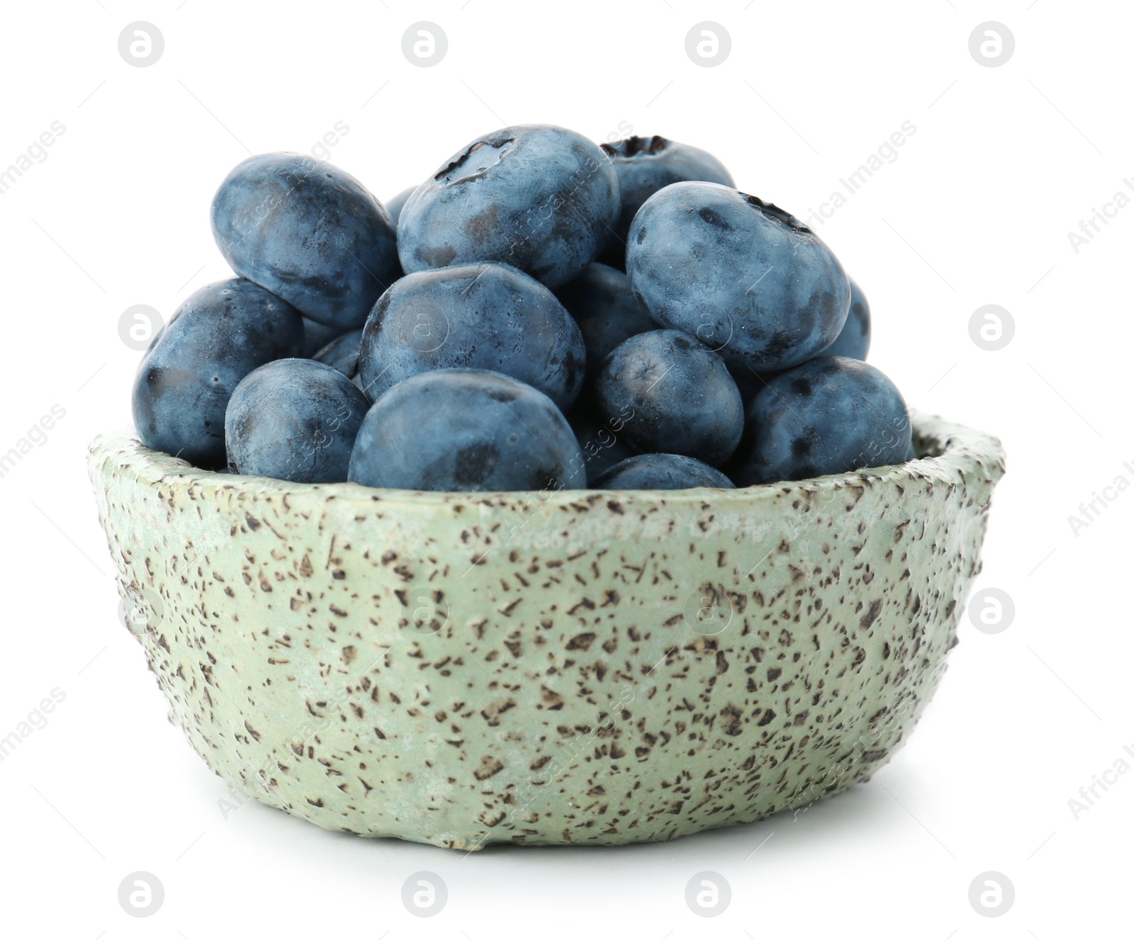 Photo of Bowl full of fresh ripe blueberries on white background