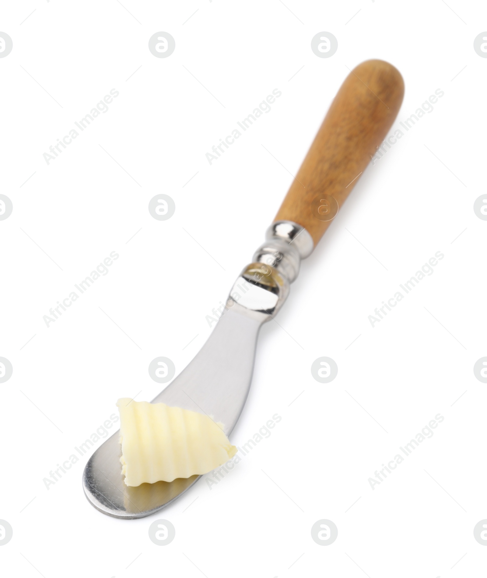 Photo of Butter curl and knife isolated on white