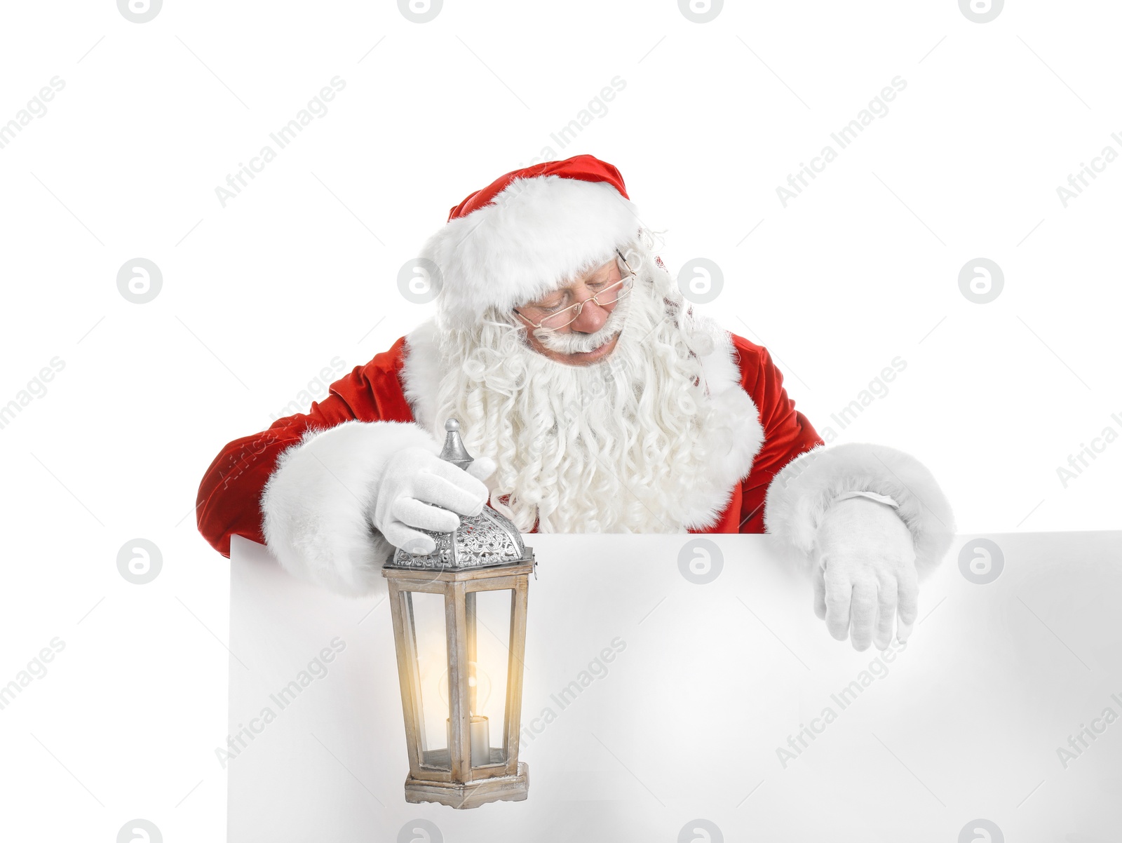 Photo of Authentic Santa Claus with blank poster and lantern on white background