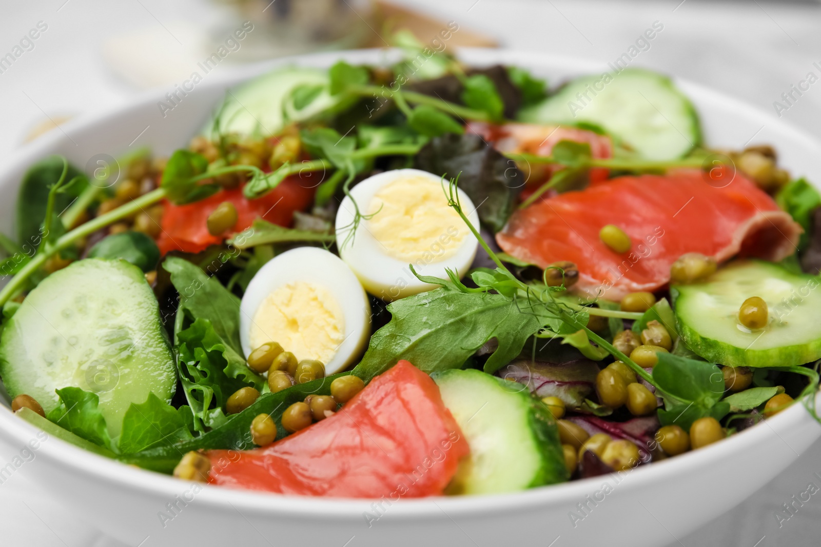 Photo of Bowl of salad with mung beans, closeup view