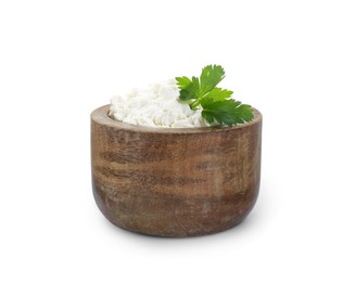 Photo of Delicious tofu cream cheese with parsley in wooden bowl isolated on white