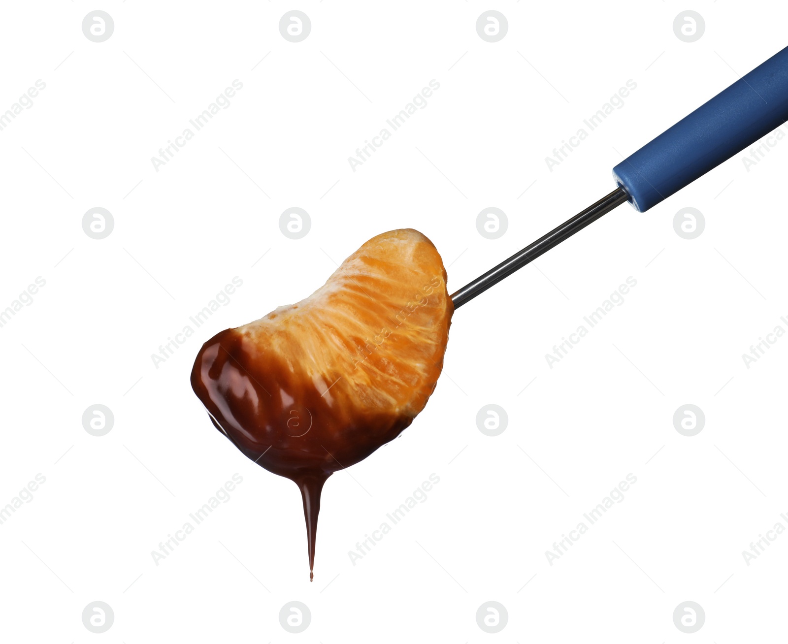 Photo of Fork with tangerine segment dipped into chocolate fondue on white background