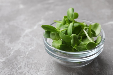 Photo of Fresh organic microgreen in bowl on grey table, closeup. Space for text