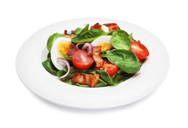 Photo of Delicious salad with boiled egg, bacon and vegetables isolated on white