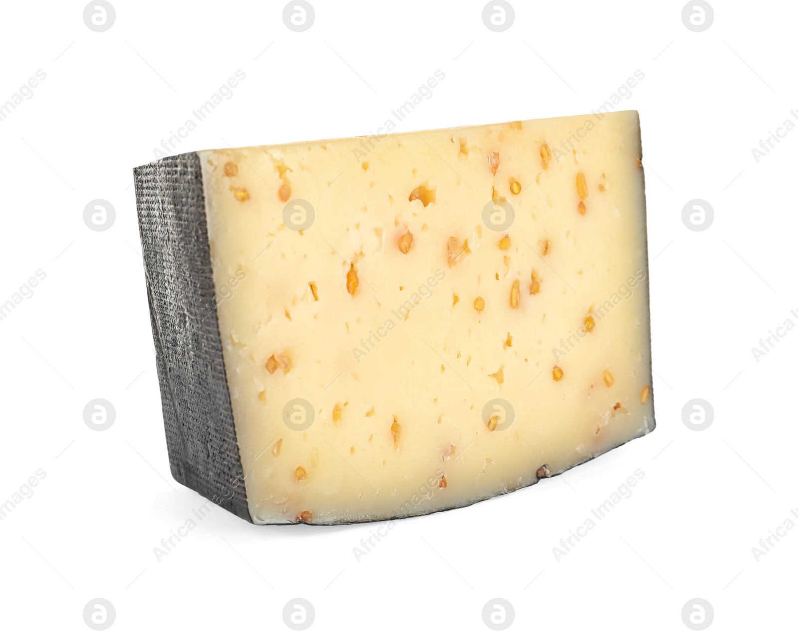 Photo of Piece of tasty cheese with fenugreek isolated on white