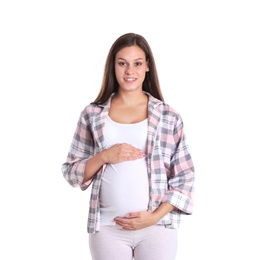 Happy pregnant woman posing on white background