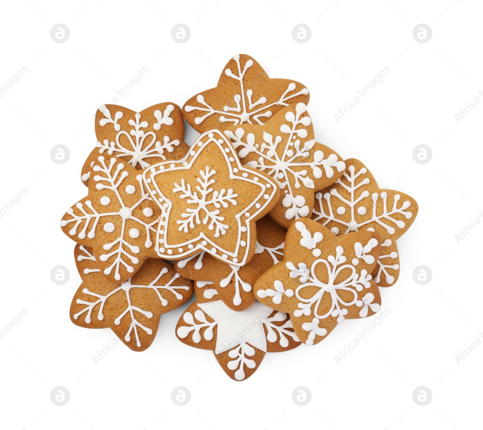 Photo of Tasty star shaped Christmas cookies with icing isolated on white, top view