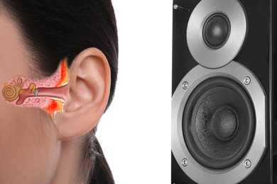 Modern audio speaker and woman listening to music on white background, closeup view of ear