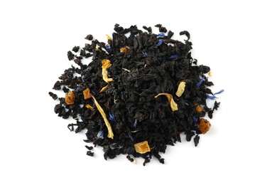 Photo of Pile of dried herbal tea leaves on white background, top view