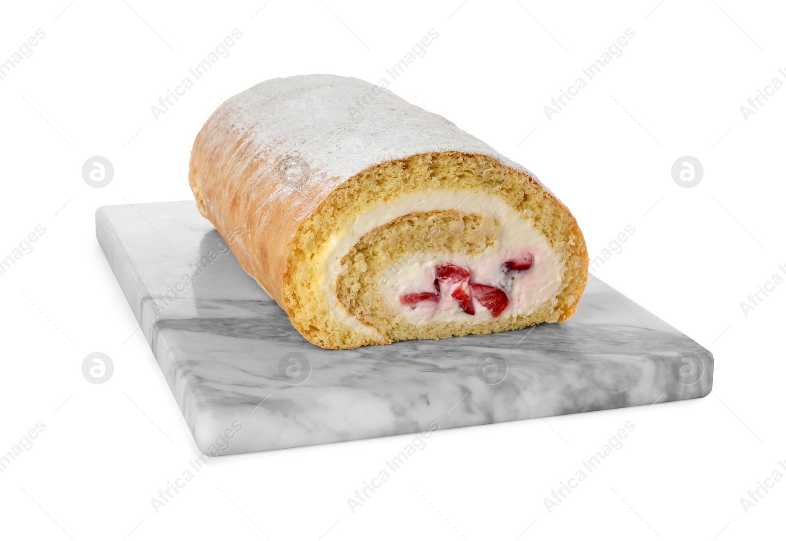 Photo of Delicious sponge cake roll with strawberries and cream on white background