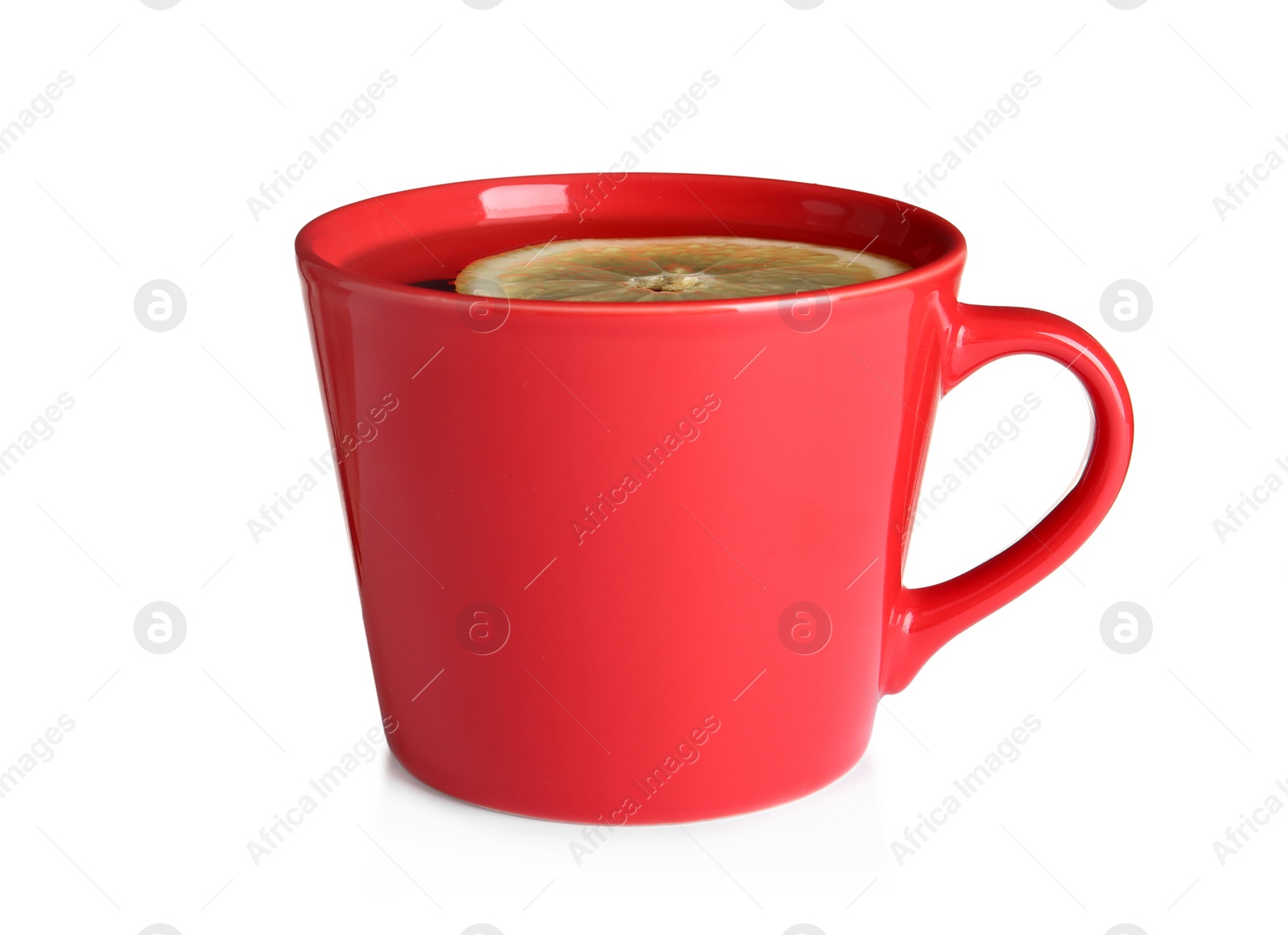 Photo of Cup of hot tea with lemon on white background