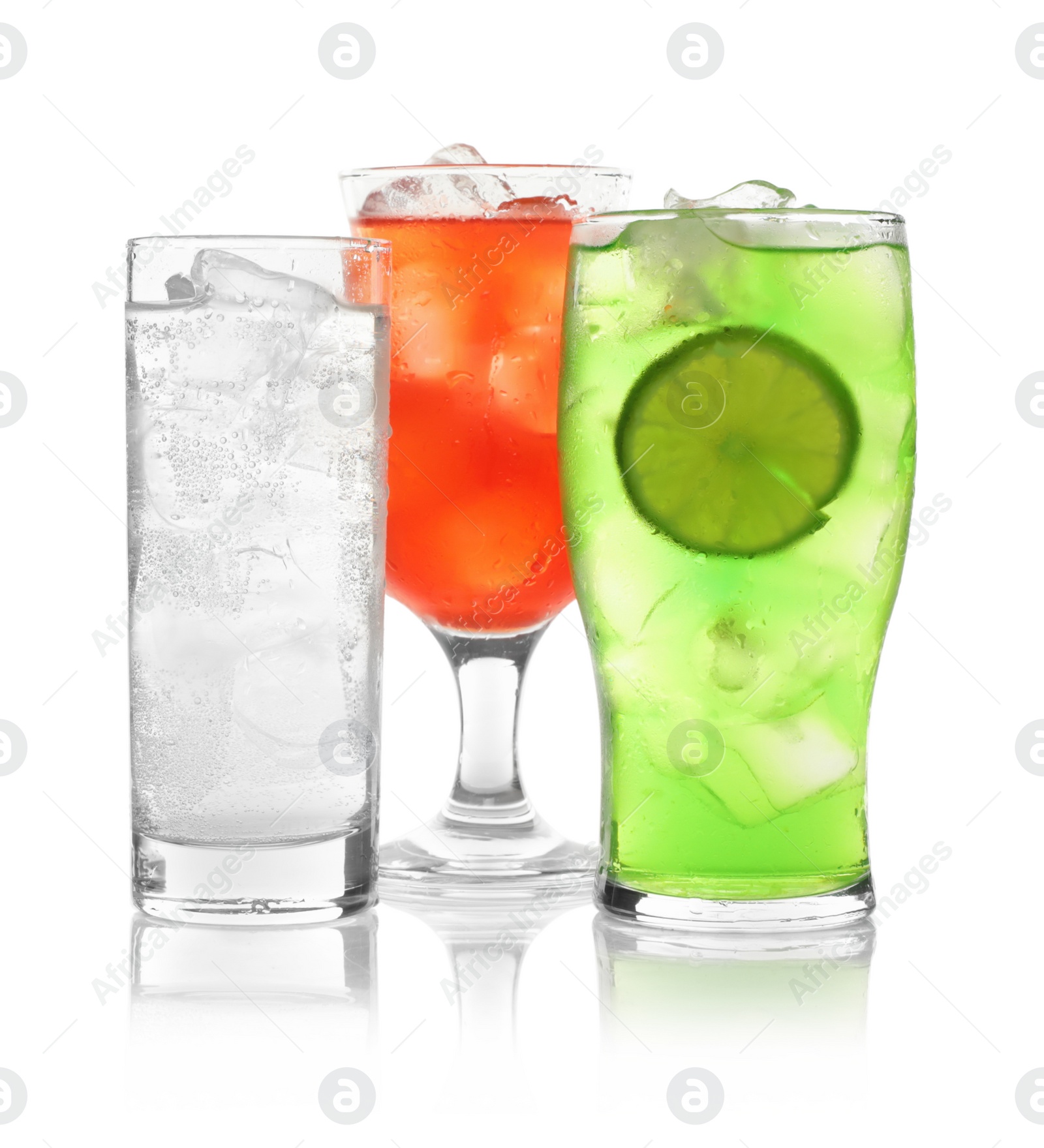 Photo of Delicious refreshing drinks in glasses on white background