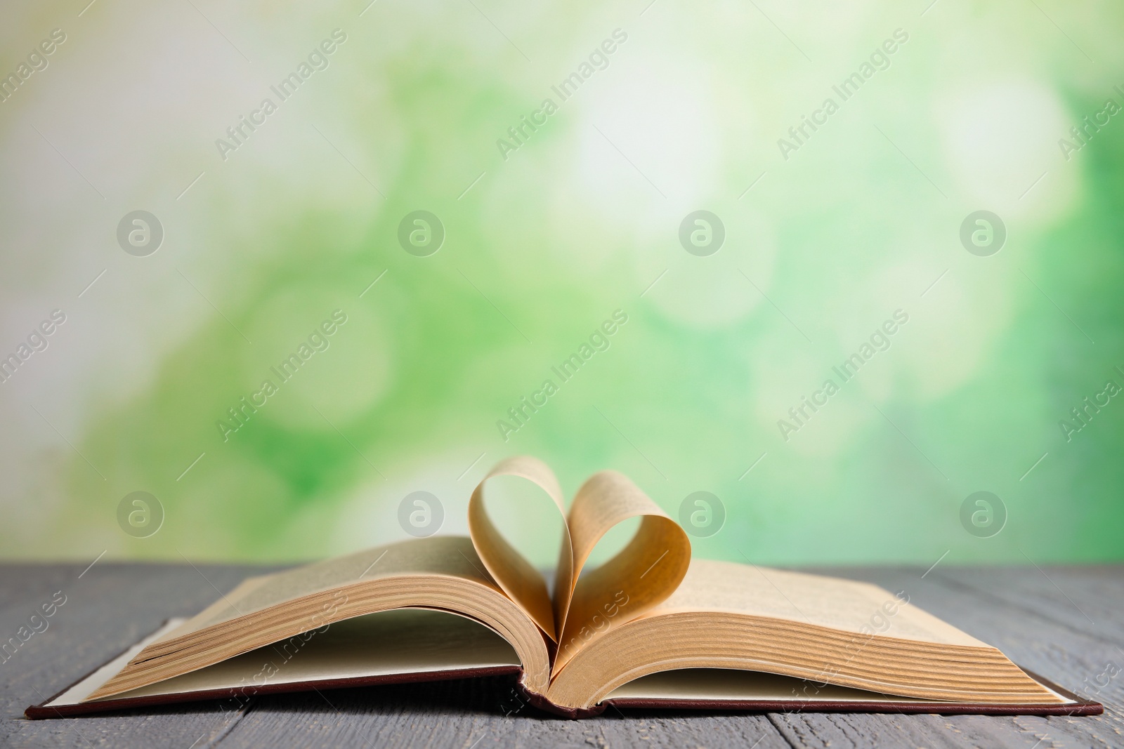 Photo of Open book on grey wooden table against blurred green background. Space for text