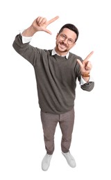 Handsome bearded businessman in eyeglasses on white background, above view