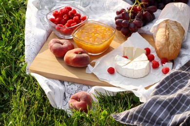 Picnic blanket with tasty food on green grass outdoors