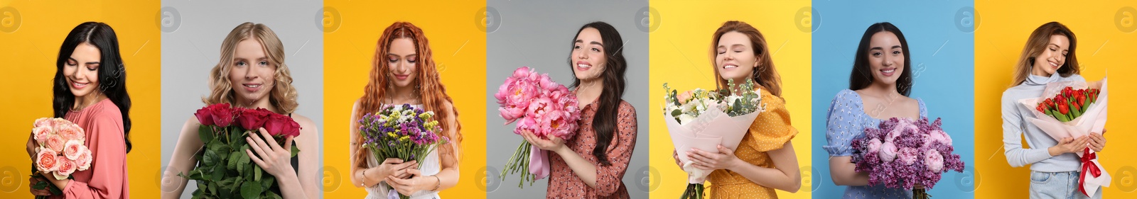 Image of 8 March - Happy Women's Day. Charming ladies with beautiful flowers on different colors backgrounds, collage