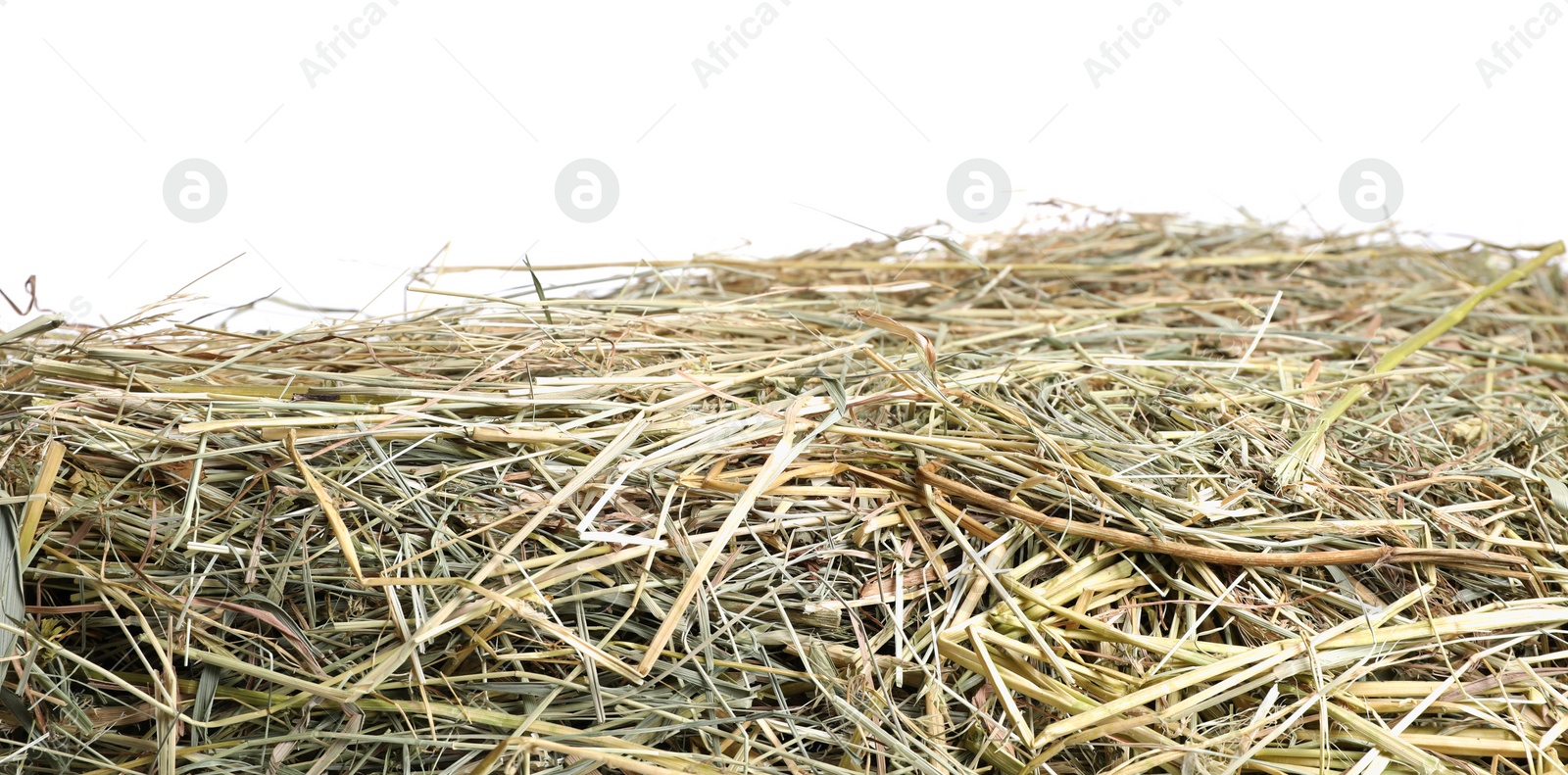 Photo of Dried hay isolated on white. Livestock feed