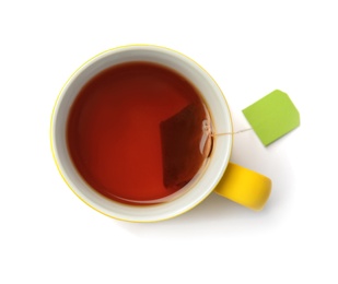 Photo of Cup with black tea on white background