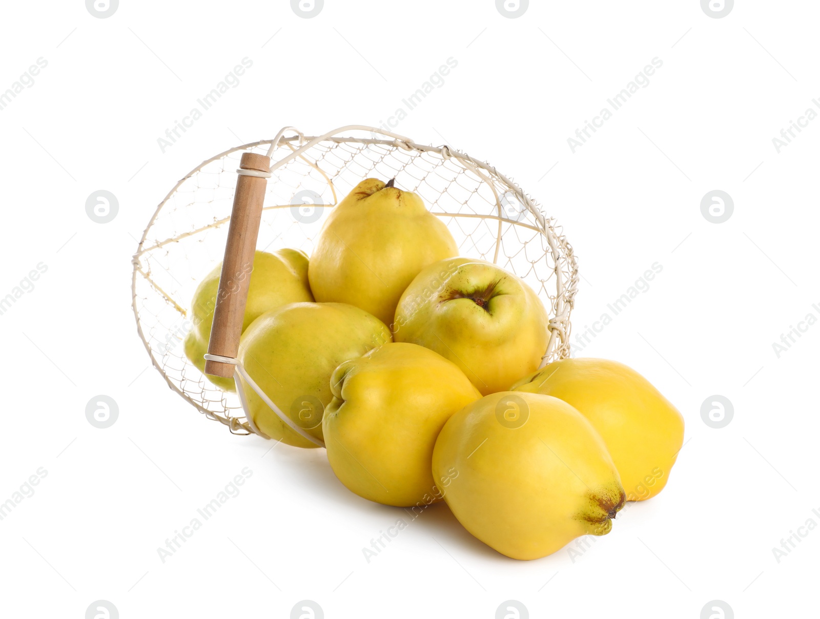 Photo of Ripe quinces and basket on white background