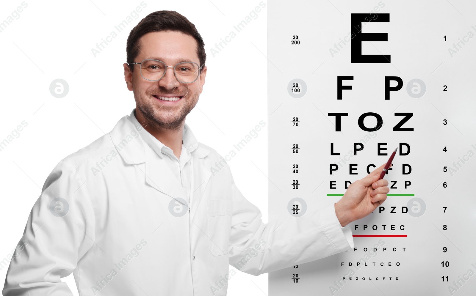 Image of Ophthalmologist pointing at vision test chart on white background