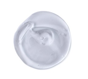 Photo of Sample of transparent shower gel on white background, top view