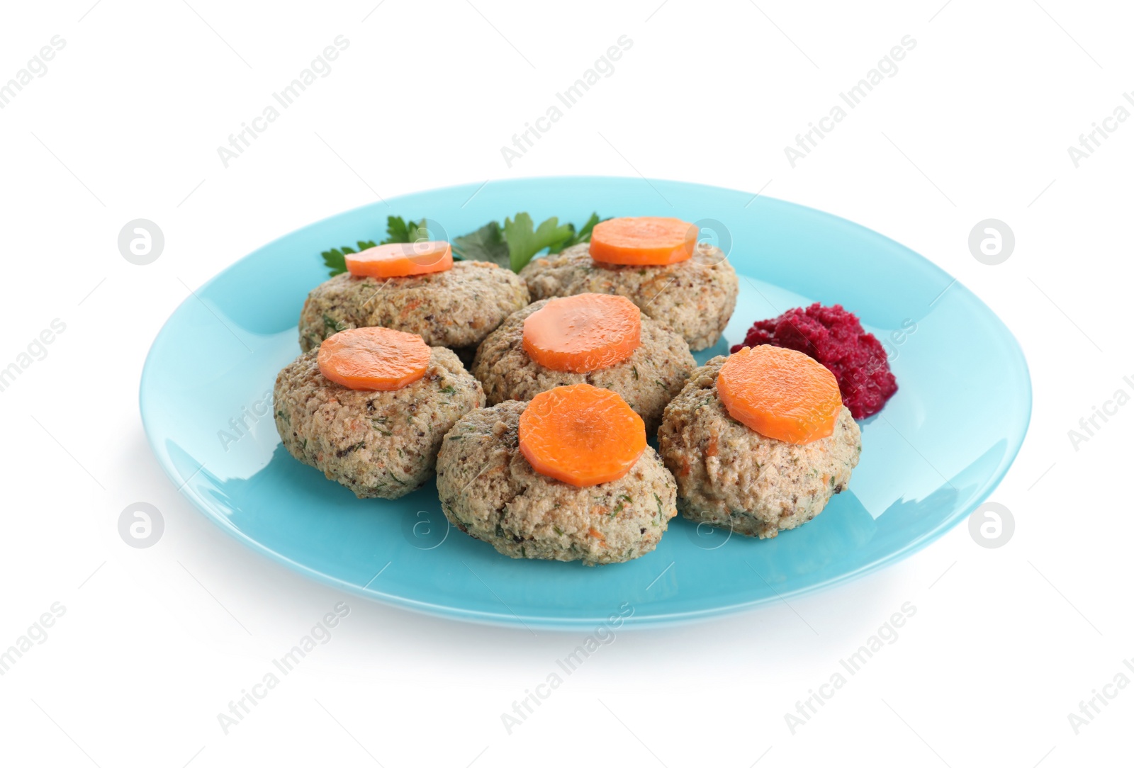 Photo of Plate of traditional Passover (Pesach) gefilte fish isolated on white