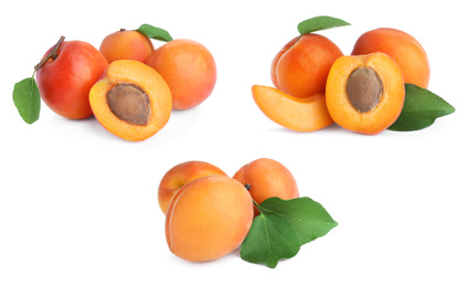 Image of Set of fresh apricots on white background