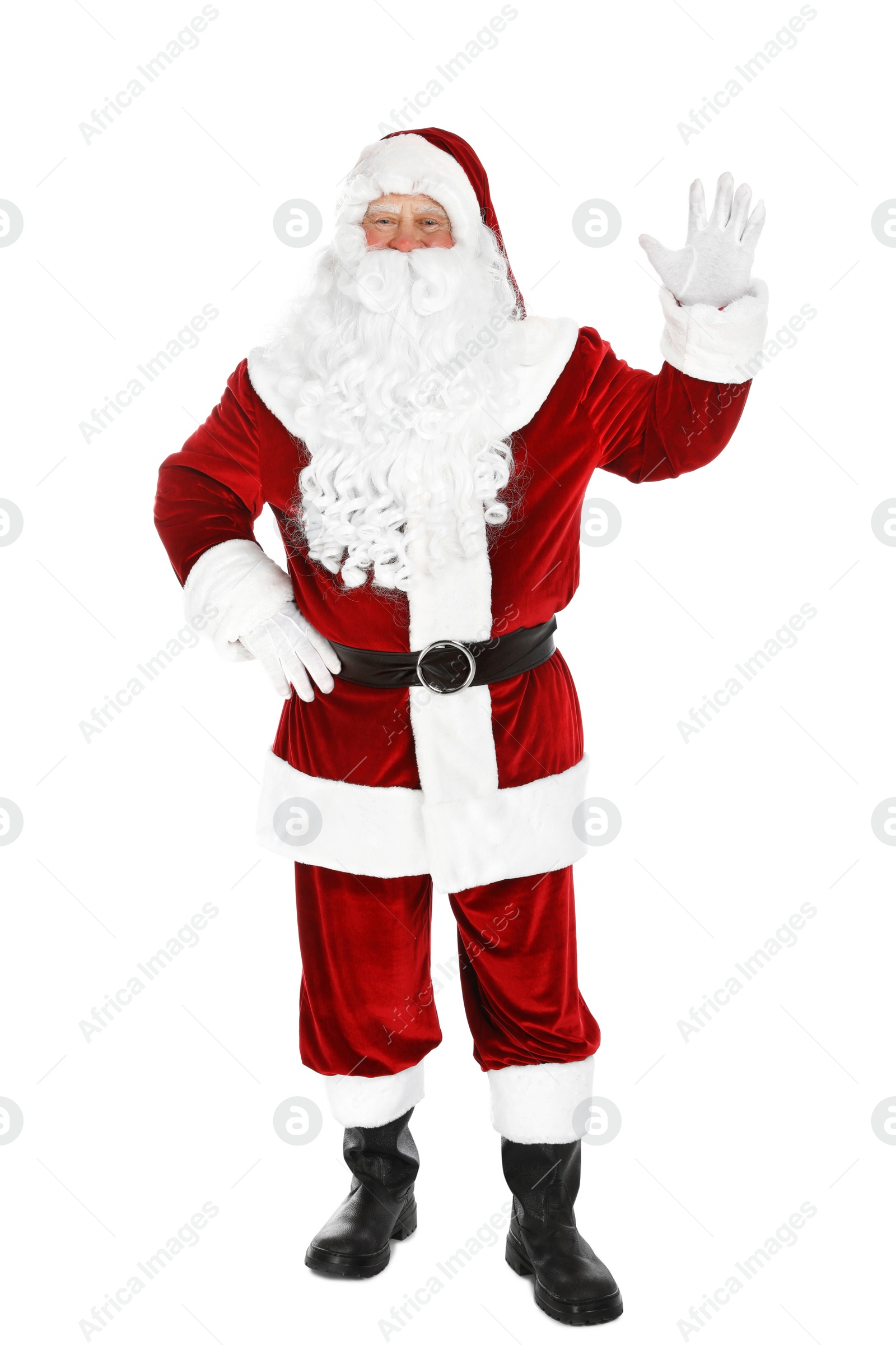 Photo of Happy authentic Santa Claus waving on white background