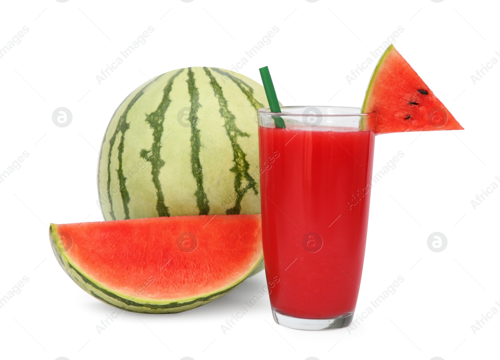 Photo of Glass of watermelon delicious drink with straw and fresh fruits isolated on white