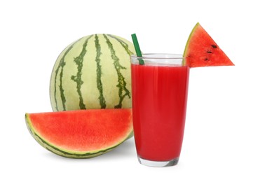 Glass of watermelon delicious drink with straw and fresh fruits isolated on white