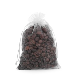 Photo of Scented sachet with coffee beans isolated on white
