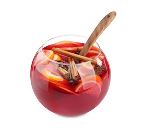 Photo of Glass bowl of delicious aromatic punch drink and wooden ladle isolated on white