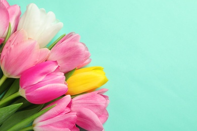 Photo of Spring tulips on color background, top view with space for text. International Women's Day