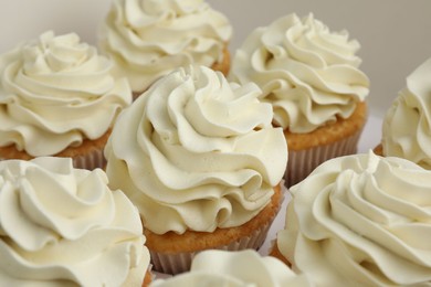 Photo of Tasty cupcakes with vanilla cream in box, closeup