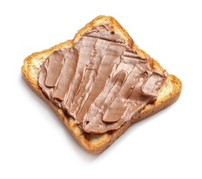 Photo of Toast bread with tasty chocolate spread on white background