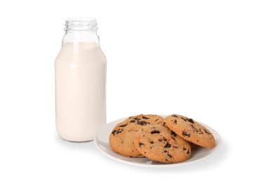 Photo of Delicious chocolate chip cookies and milk isolated on white