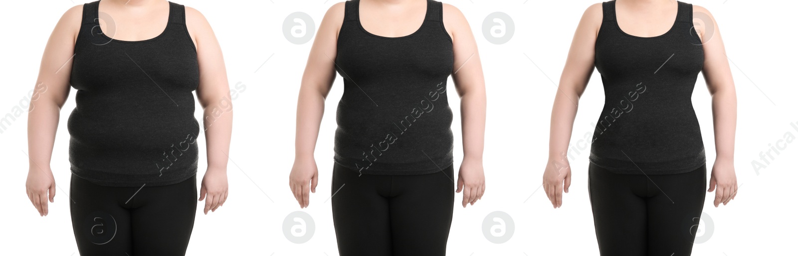 Image of Collage with photos of overweight woman before and after weight loss on white background,closeup. Banner design 