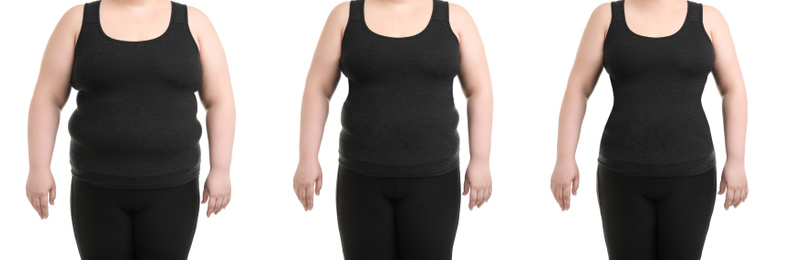 Image of Collage with photos of overweight woman before and after weight loss on white background,closeup. Banner design 