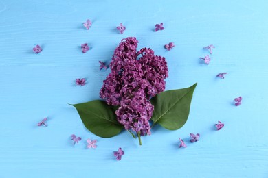 Photo of Beautiful lilac flowers on light blue wooden table, flat lay