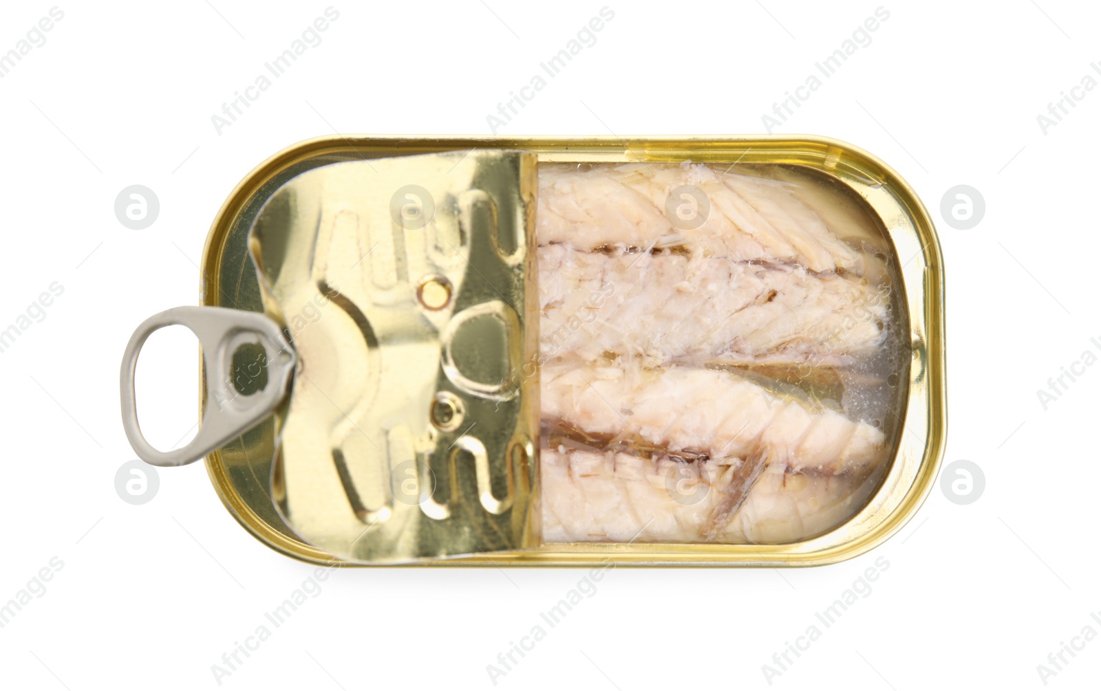 Photo of Open tin can with mackerel fillets isolated on white, top view