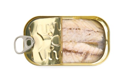 Photo of Open tin can with mackerel fillets isolated on white, top view