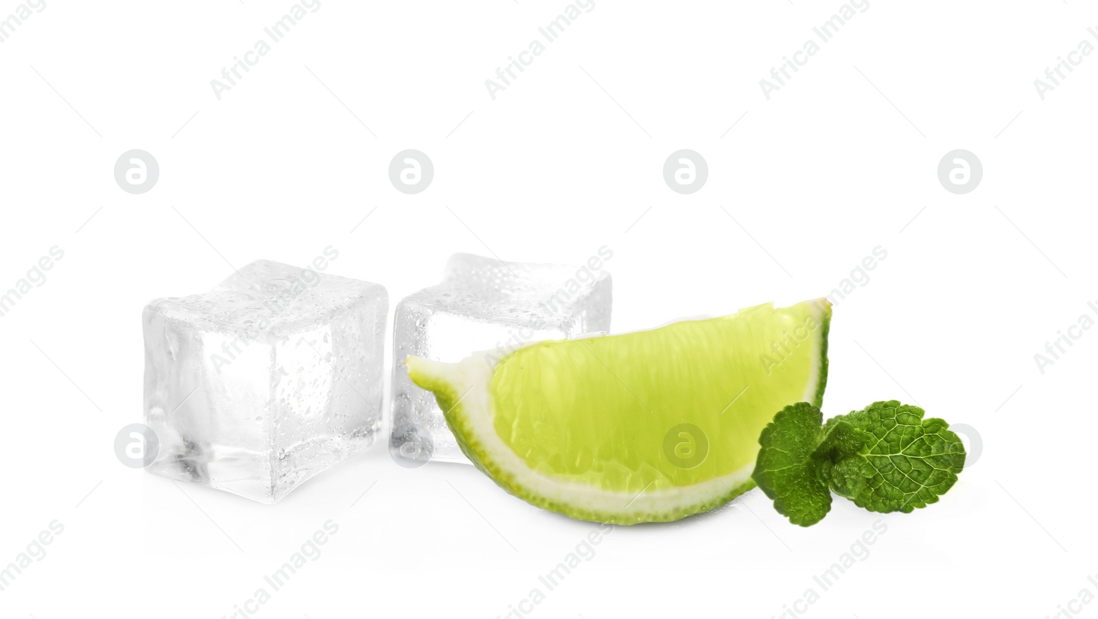 Photo of Ice cubes, mint and lime on white background