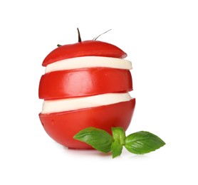 Photo of Delicious mozzarella cheese, cut tomato and basil leaves isolated on white. Cooking Caprese salad