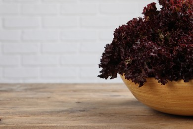 Photo of Bowl with fresh red coral lettuce on wooden table, space for text