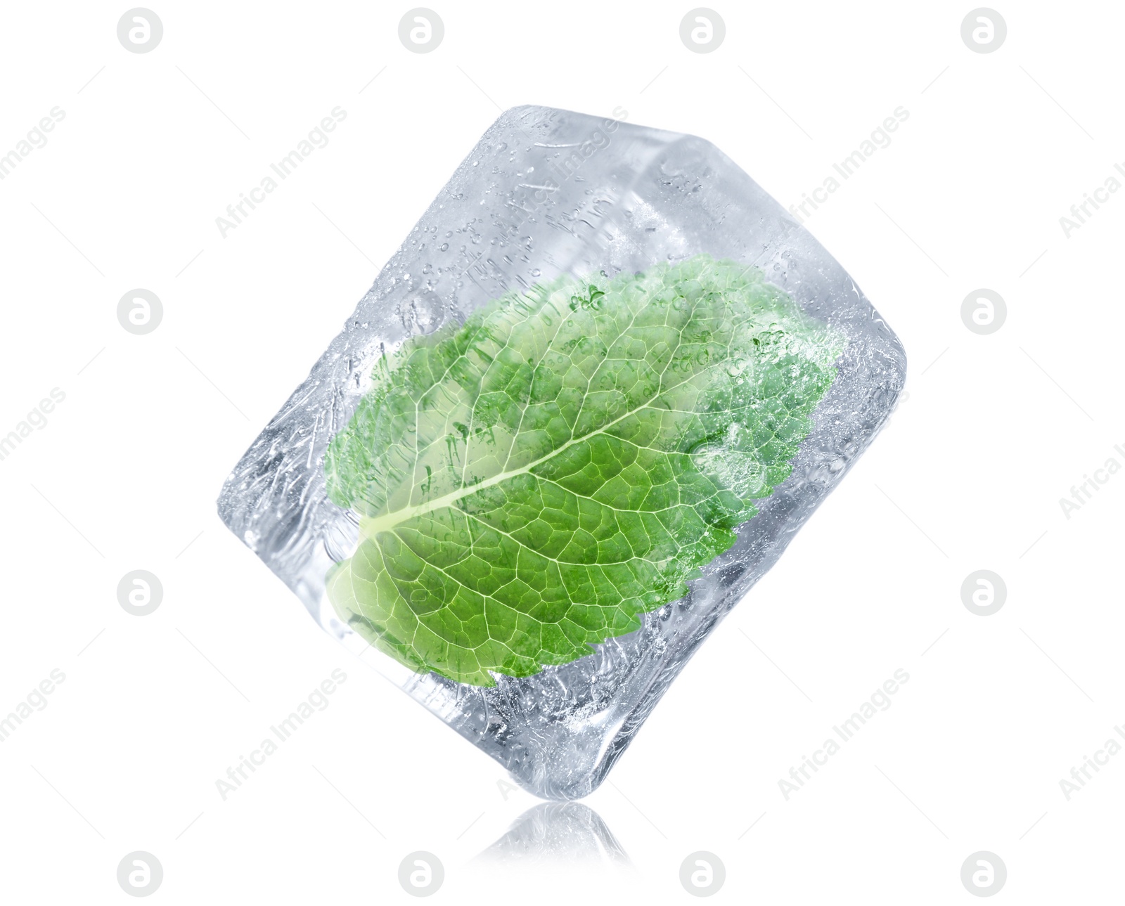 Image of Mint leaf frozen in ice isolated on white 